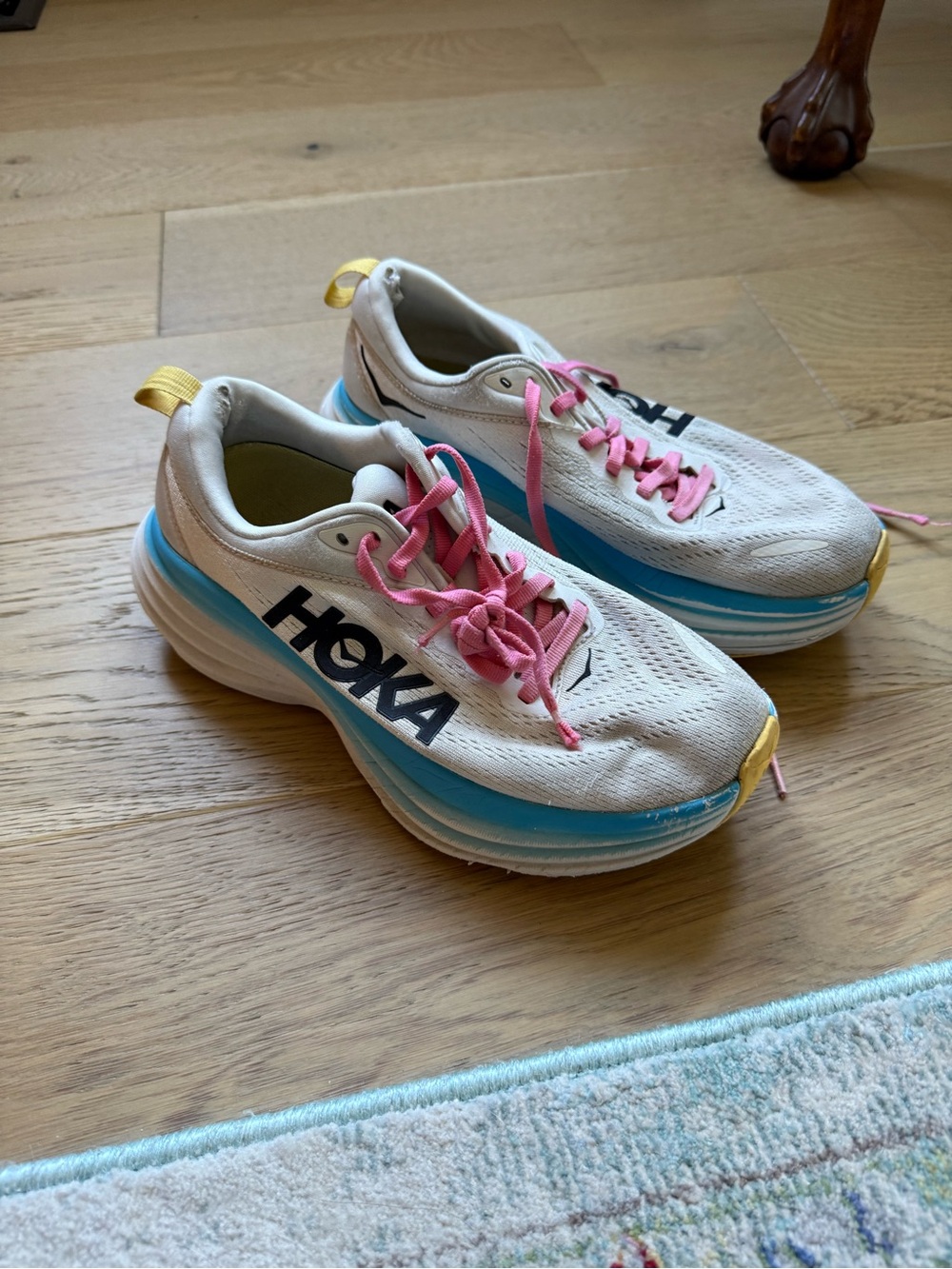 Hoka Kids White Sneakers with Blue Midsole & Pink Laces